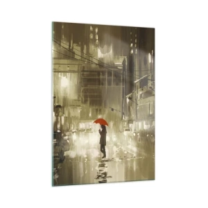 Impression sur verre - Image sur verre - Personne avec un parapluie rouge dans la lumière pluvieuse de la ville la nuit - 50x70cm - Seule mais pas solitaire - Décoration murale moderne pour le salon et la chambre ARTTOR