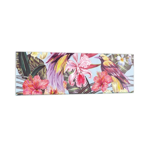 Impression sur verre - Image sur verre - Oiseaux exotiques parmi les fleurs tropicales - 160x50cm - Pétales et plumes - Décoration murale moderne pour le salon et la chambre ARTTOR