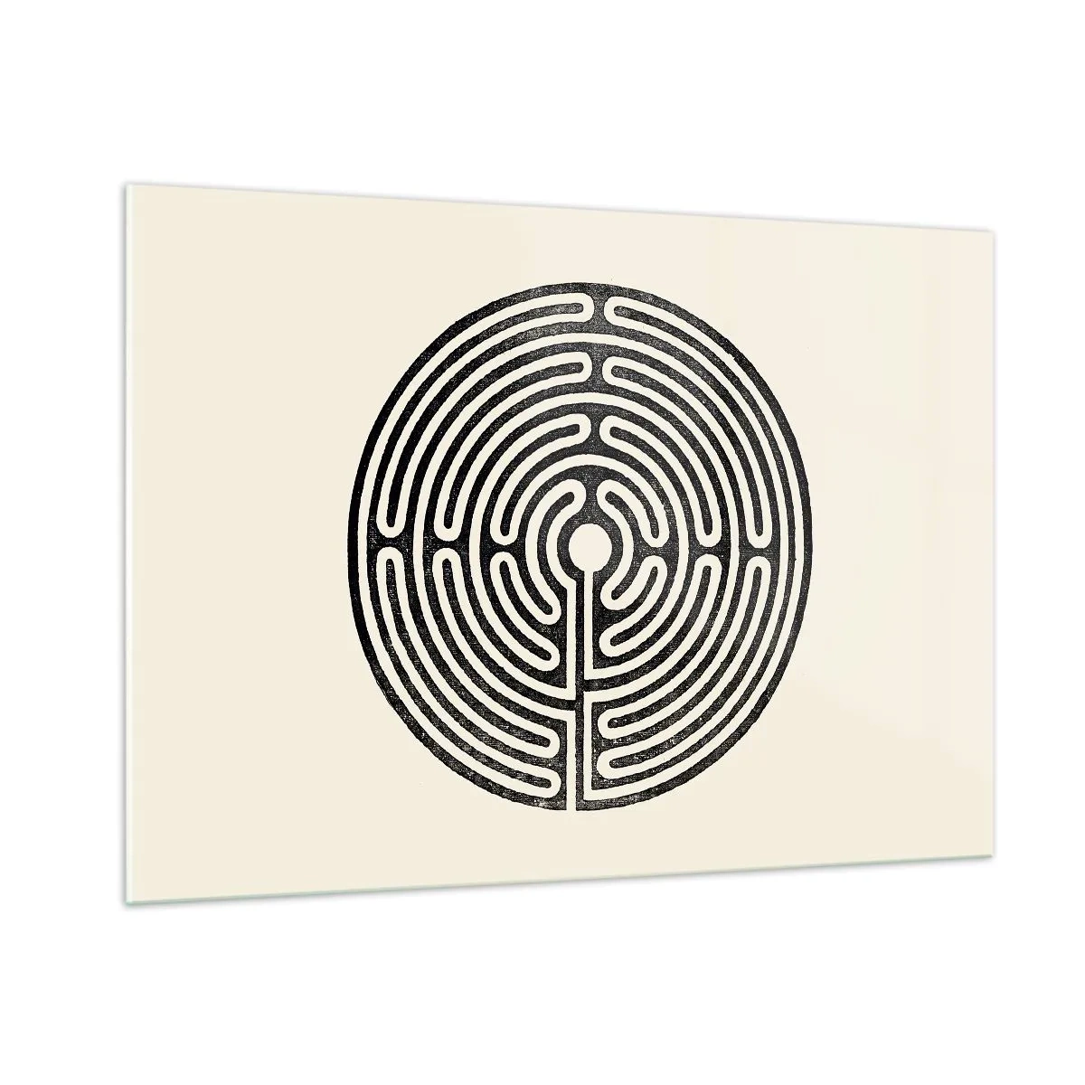 Impression sur verre - Image sur verre - Un labyrinthe noir et blanc de forme circulaire sur fond clair. - 100x70cm - Ordre mystérieux - Décoration murale moderne pour le salon et la chambre ARTTOR