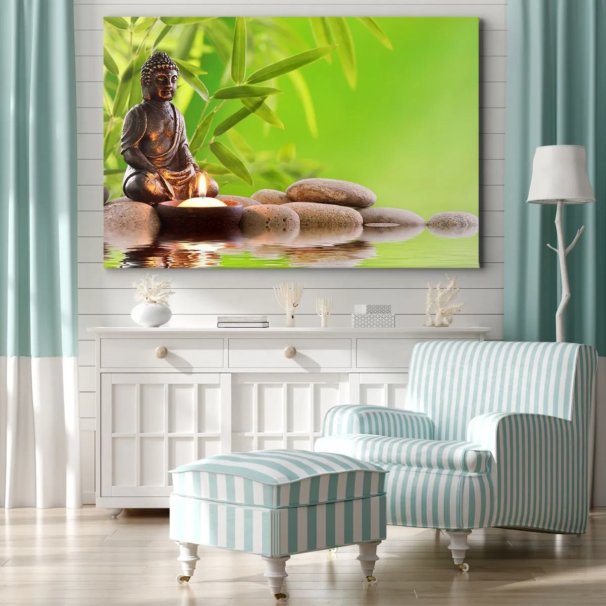 Impression sur toile - Image sur toile - Figure de Bouddha avec des pierres et une bougie sur un fond de bambou - 70x50cm - La vie est belle - Décoration murale moderne pour le salon et la chambre ARTTOR