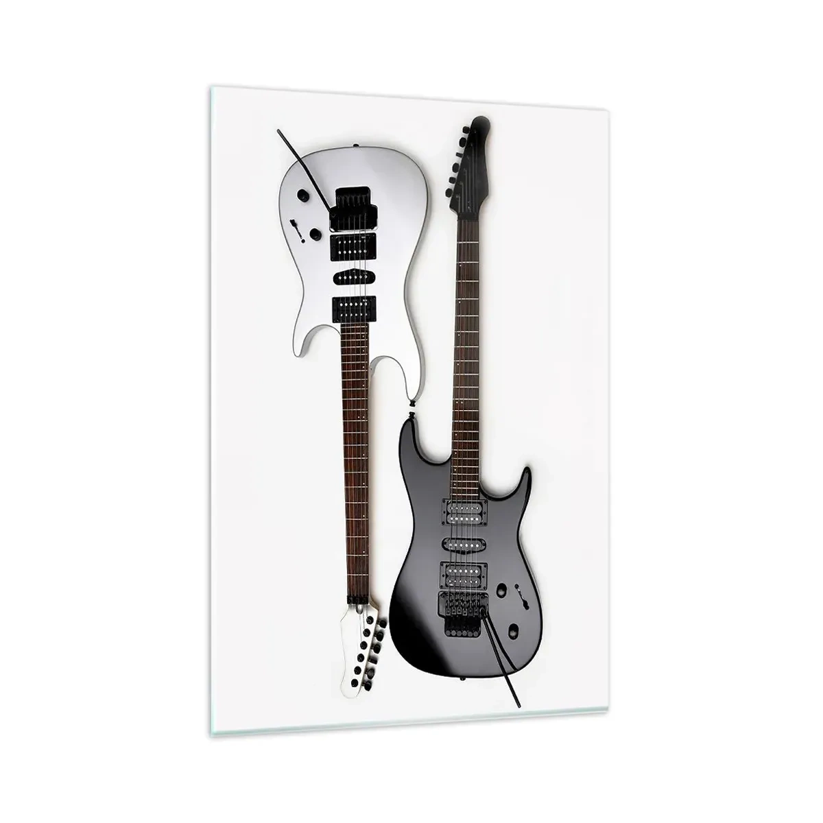 Impression sur verre - Image sur verre - Deux guitares électriques en noir et blanc sur fond clair. - 80x120cm - Harmonie des formes - Décoration murale moderne pour le salon et la chambre ARTTOR