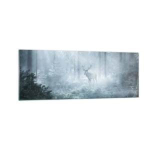 Impression sur verre - Image sur verre - Un cerf dans une forêt dense enveloppée de brume matinale - 140x50cm - Visite matinale du domaine - Décoration murale moderne pour le salon et la chambre ARTTOR