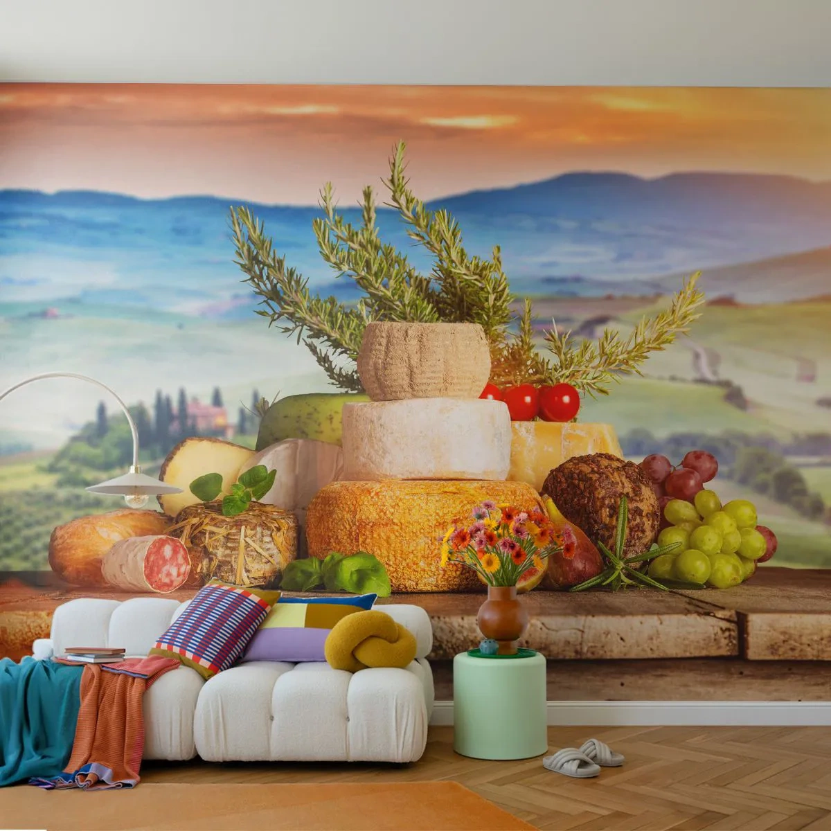 Papier Peint Photo Premium Canvas - Une composition de fromages et de fruits sur fond de paysage toscan - 100x70cm - La joie de vivre à l'italienne - Décoration murale moderne pour le salon et la chambre ARTTOR