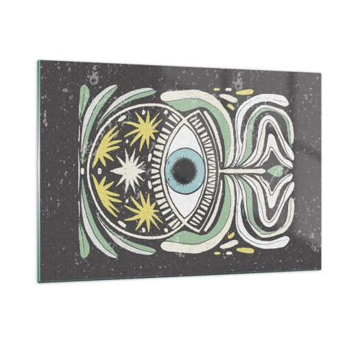 Impression sur verre - Image sur verre - Œil graphique avec ornementation tribale sur fond sombre - 120x80cm - Rituels tribaux - Décoration murale moderne pour le salon et la chambre ARTTOR
