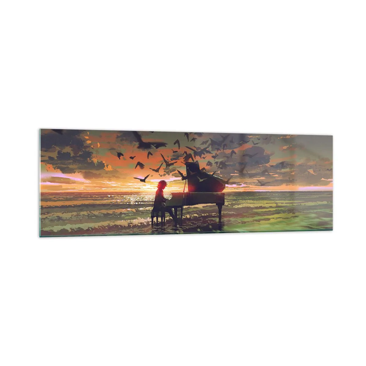 Impression sur verre - Image sur verre - Un piano au bord de la mer au coucher du soleil avec des oiseaux - 160x50cm - Concert pour piano et vagues - Décoration murale moderne pour le salon et la chambre ARTTOR
