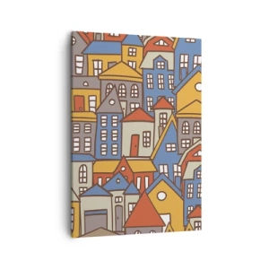 Impression sur toile - Image sur toile - Maisons colorées dans un style graphique sur fond clair - 50x70cm - Derrière la maison, une maison - Décoration murale moderne pour le salon et la chambre ARTTOR