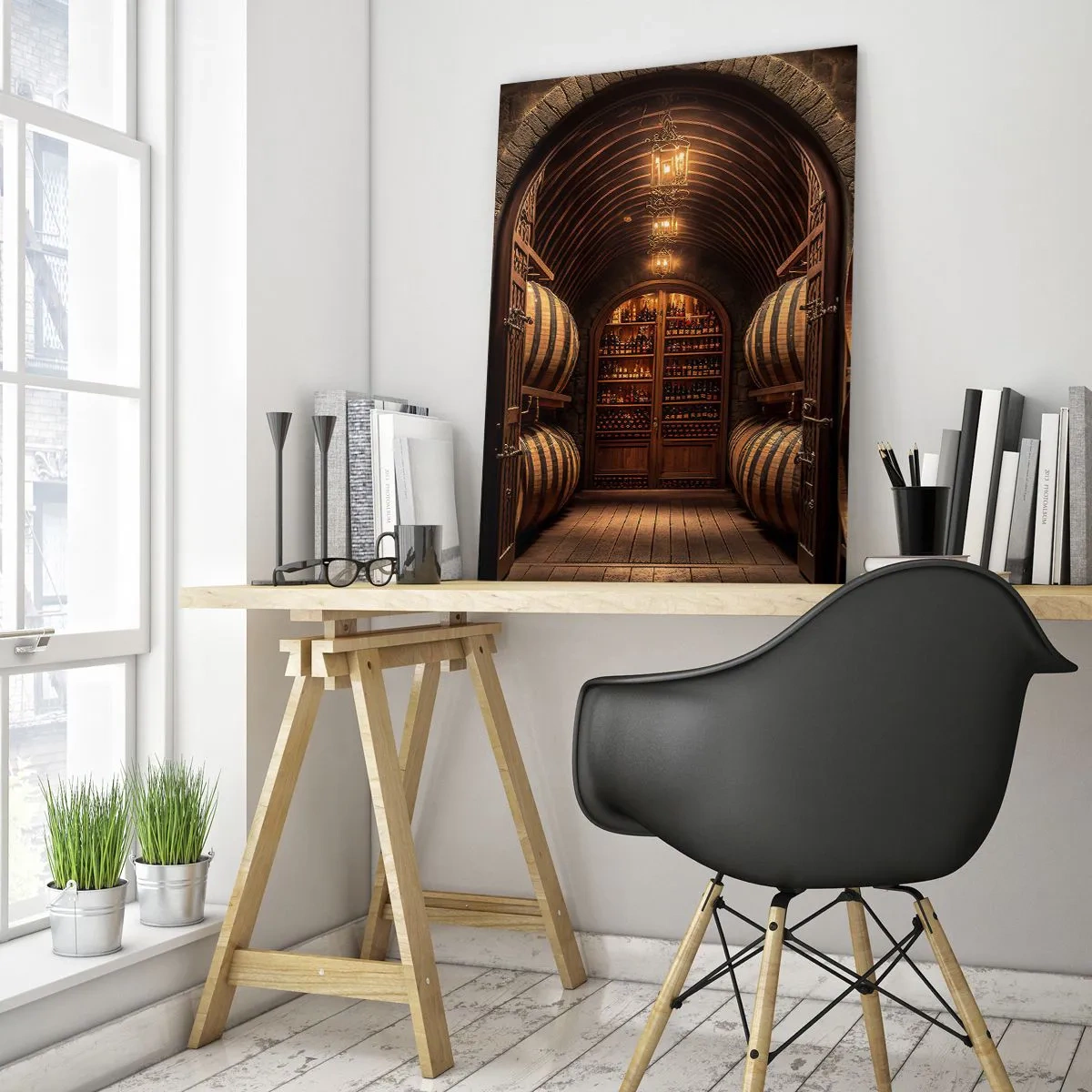 Impression sur verre - Image sur verre - Un vignoble avec des barriques et une cave éclairée pleine de bouteilles - 50x70cm - Cave climatisée - Décoration murale moderne pour le salon et la chambre ARTTOR