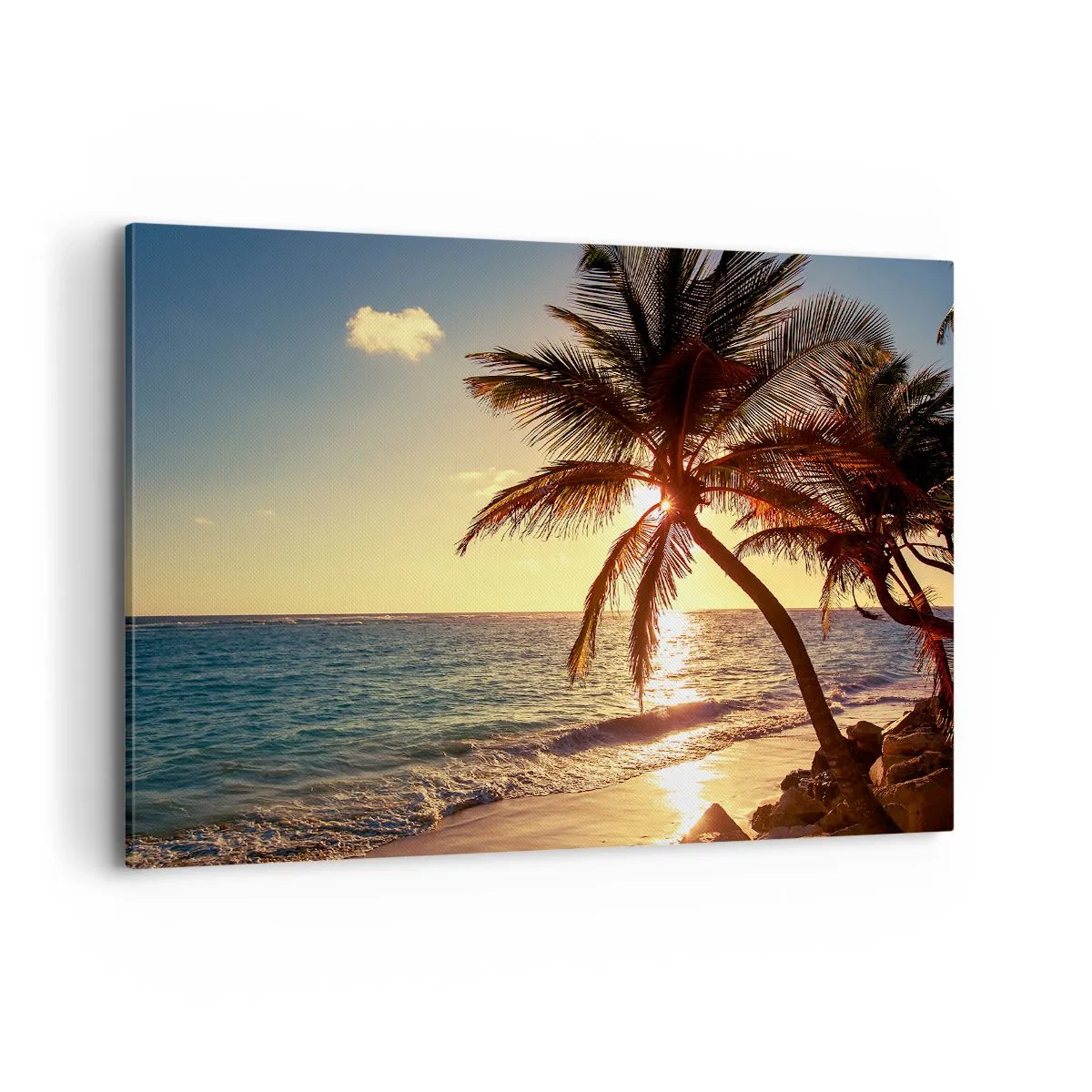 Impression sur toile - Image sur toile - Coucher de soleil tropical sur une plage avec des palmiers - 120x80cm - L'été sous les palmiers - Décoration murale moderne pour le salon et la chambre ARTTOR