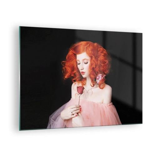 Impression sur verre - Image sur verre - Portrait d'une femme aux cheveux roux et une rose sur un fond sombre - 70x50cm - De style baroque - Décoration murale moderne pour le salon et la chambre ARTTOR