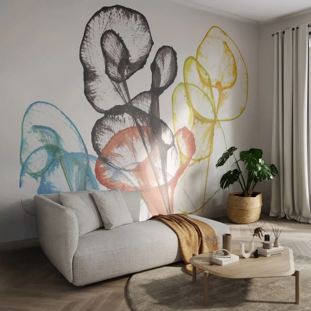 Papier Peint Photo Premium Sand - Feuilles colorées et transparentes sur fond blanc - 100x70cm - Fleurs avec une âme - Décoration murale moderne pour le salon et la chambre ARTTOR