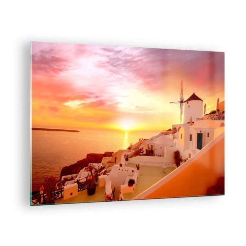 Impression sur verre - Image sur verre - Coucher de soleil sur Santorin avec des bâtiments blancs et un moulin à vent - 70x50cm - Fondre en blanc et or - Décoration murale moderne pour le salon et la chambre ARTTOR