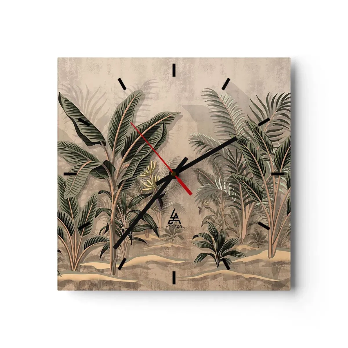Horloge murale - Pendule murale - Palmiers et végétation tropicale dans des tons verts sur fond beige - 30x30cm - Une gravure de style colonial - Décoration murale moderne pour le salon et la chambre ARTTOR