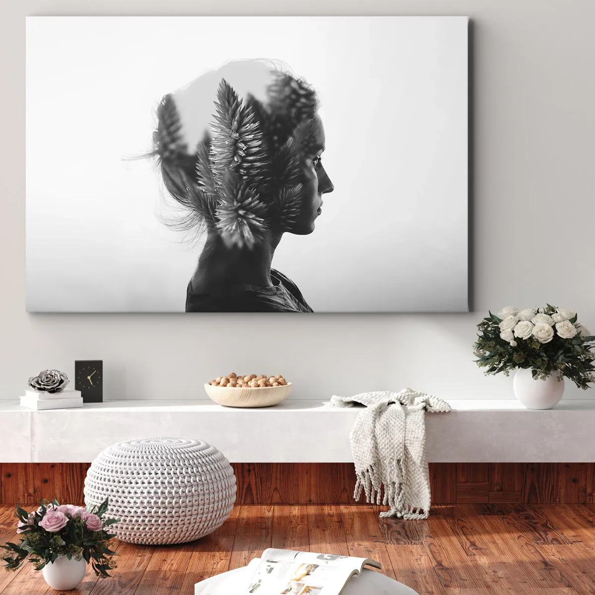 Impression sur toile - Image sur toile - Un portrait subtil avec des éléments de la nature - 100x70cm - Dame de la pinède - Décoration murale moderne pour le salon et la chambre ARTTOR