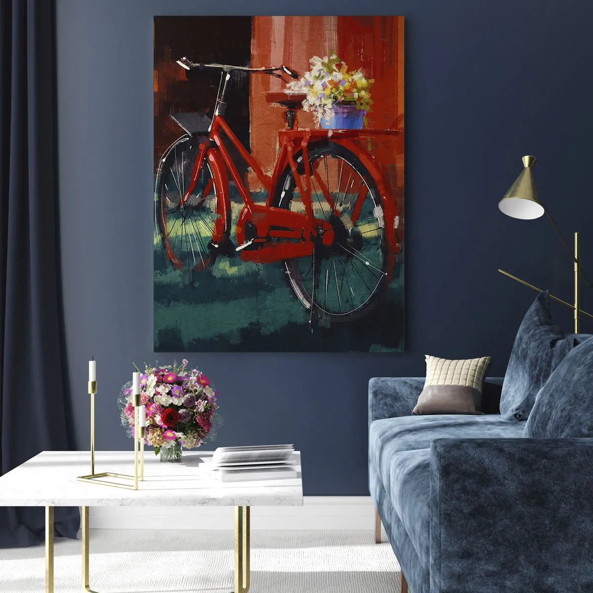 Impression sur verre - Image sur verre - Un vélo rouge avec des fleurs devant un bâtiment rouge - 50x70cm - I want to ride my bicycle - Décoration murale moderne pour le salon et la chambre ARTTOR