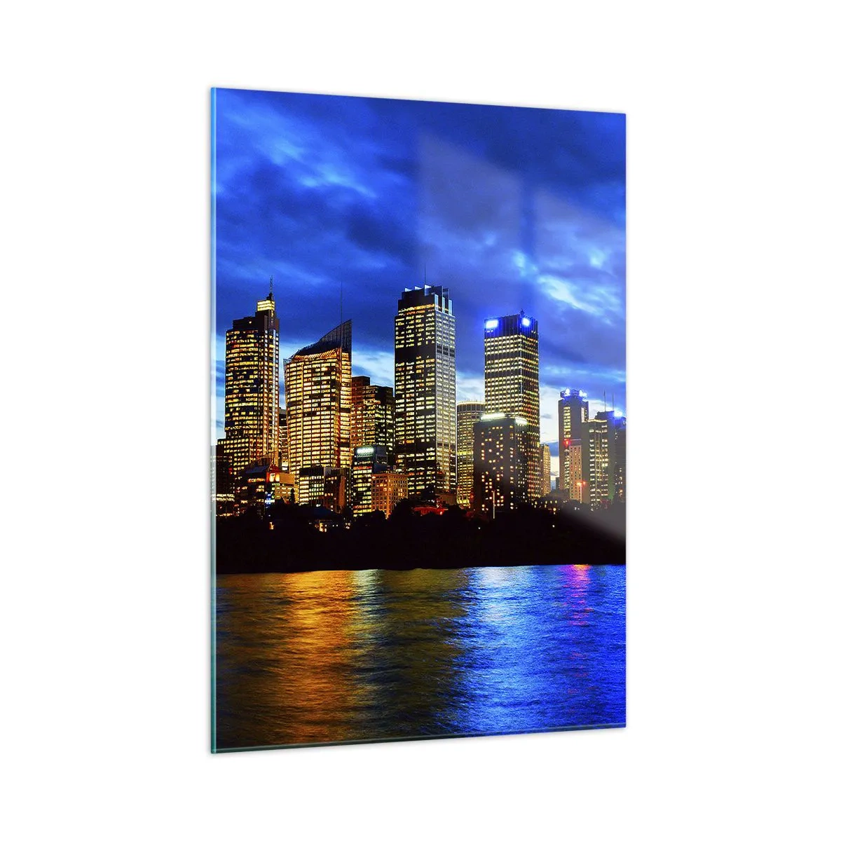 Impression sur verre - Image sur verre - Panorama de la ville nocturne reflétée dans l'eau - 50x70cm - Une nuit de lumières et de couleurs - Décoration murale moderne pour le salon et la chambre ARTTOR