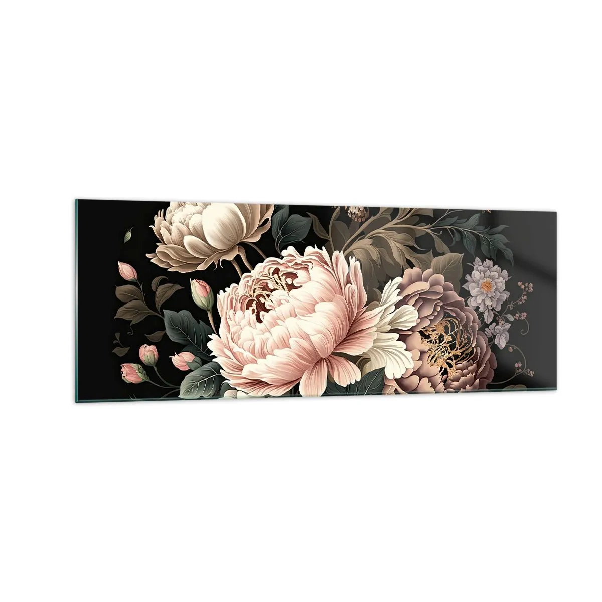 Impression sur verre - Image sur verre - Un bouquet de fleurs roses et de papillons sur fond noir - 140x50cm - De style baroque - Décoration murale moderne pour le salon et la chambre ARTTOR