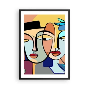 Affiche dans un cadre noir - Poster - Composition abstraite colorée de visages dans un style cubiste - 50x70cm - Le Rendez-vous de Picasso - Décoration murale moderne pour le salon et la chambre ARTTOR