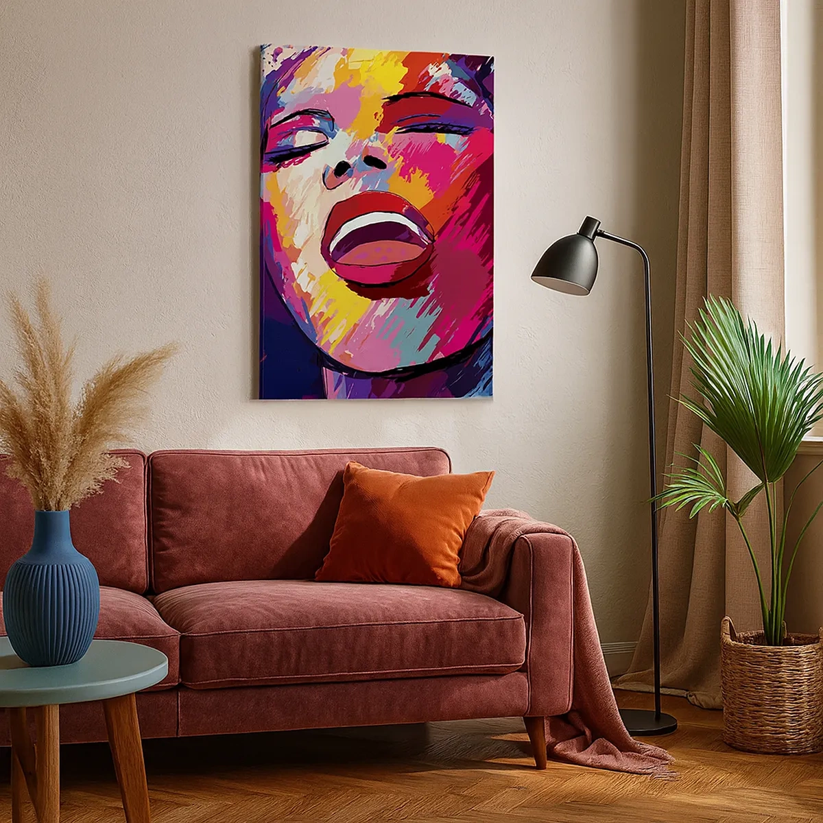Impression sur toile - Image sur toile - Portrait abstrait d'une femme aux couleurs vives - 50x70cm - Chante toute ma vie - Décoration murale moderne pour le salon et la chambre ARTTOR