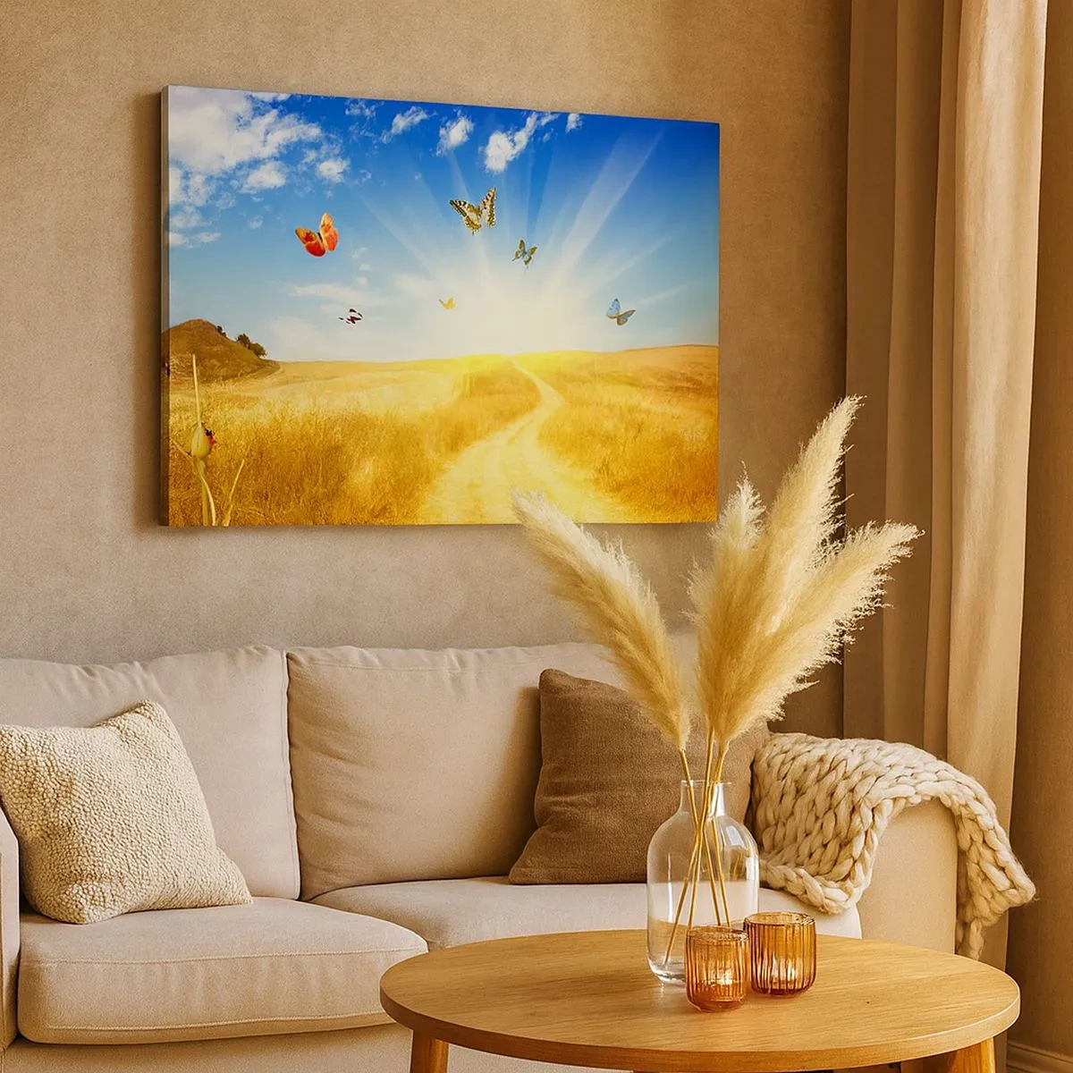 Impression sur toile - Image sur toile - Un champ doré, un chemin et des papillons contre un ciel bleu - 70x50cm - Et comment ne pas aimer l'été ? - Décoration murale moderne pour le salon et la chambre ARTTOR