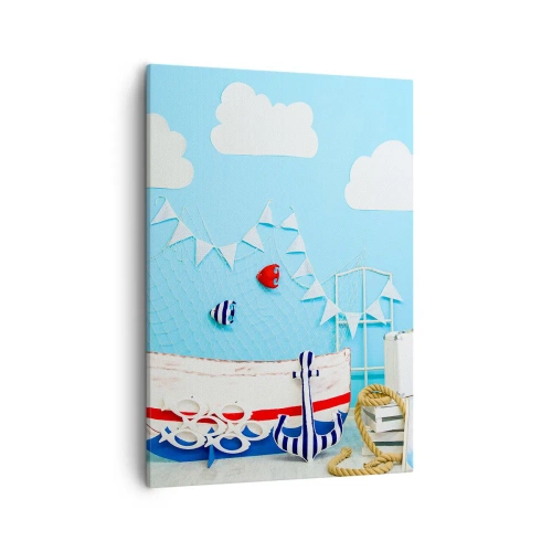 Impression sur toile - Image sur toile - Décoration nautique avec un bateau et des accessoires sur fond bleu - 50x70cm - Nostalgie infantile de l'aventure - Décoration murale moderne pour le salon et la chambre ARTTOR
