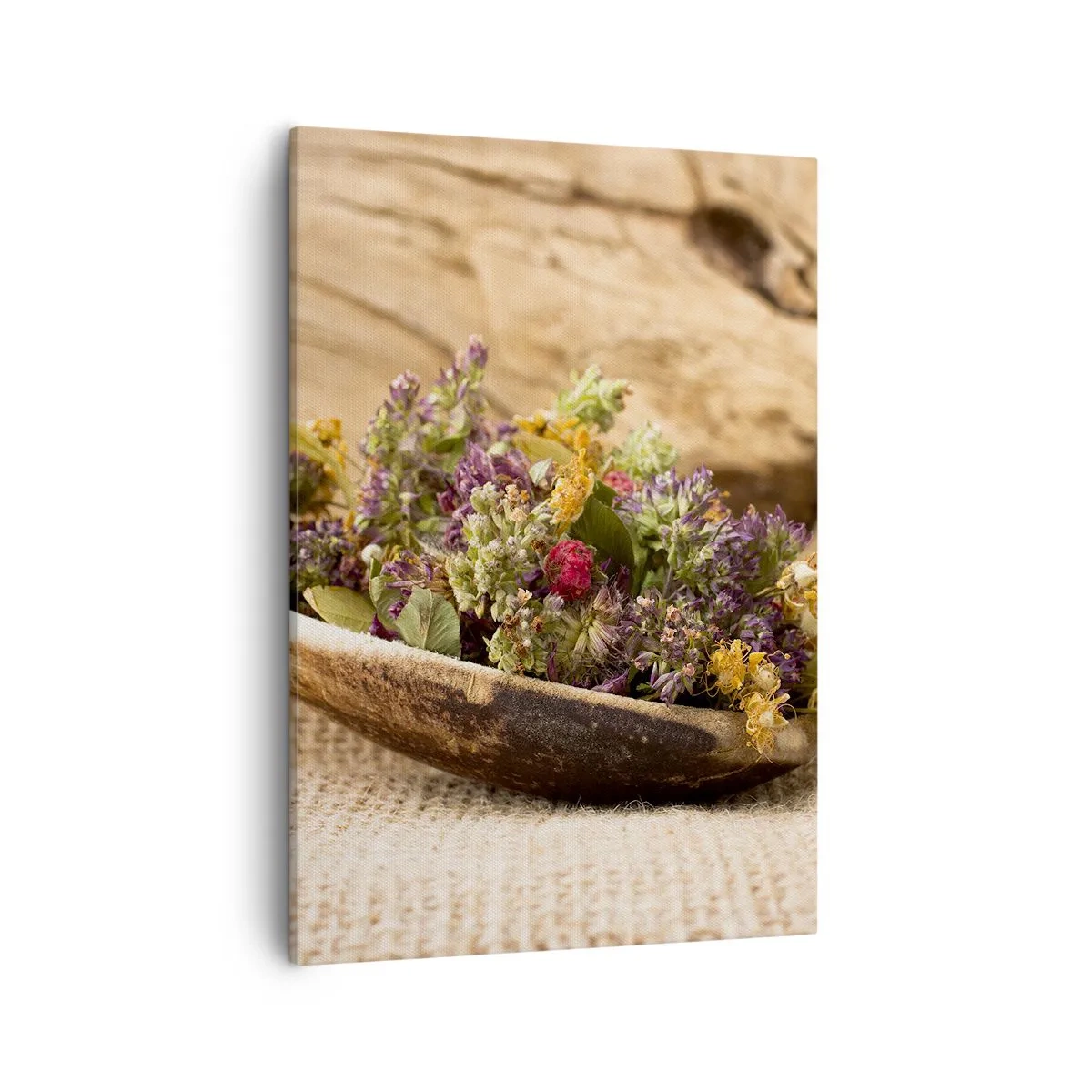 Impression sur toile - Image sur toile - Herbes séchées dans une cuillère en bois sur un fond en bois naturel - 50x70cm - Fleurs colorées et herbes parfumées - Décoration murale moderne pour le salon et la chambre ARTTOR