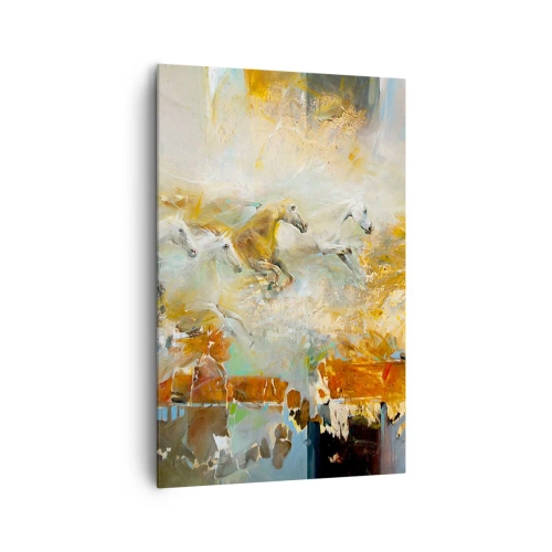 Impression sur toile - Image sur toile - Des chevaux artistiques dans un cadre dynamique et coloré - 80x120cm - Au galop vers la lumière - Décoration murale moderne pour le salon et la chambre ARTTOR