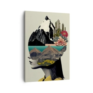 Impression sur toile - Image sur toile - Collage d'une femme avec un paysage de montagne et des fleurs - 50x70cm - La femme – toujours un mystère - Décoration murale moderne pour le salon et la chambre ARTTOR