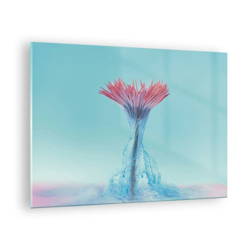 Impression sur verre - Image sur verre - Une fleur fantaisiste plongée dans une brume bleue et rose - 70x50cm - Dans une étreinte vivifiante - Décoration murale moderne pour le salon et la chambre ARTTOR