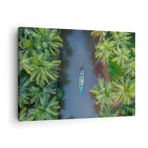 Impression sur toile - Image sur toile - Vue aérienne d'un bateau sur une rivière entourée de palmiers - 70x50cm - Sur un sentier tropical - Décoration murale moderne pour le salon et la chambre ARTTOR