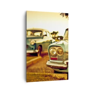 Impression sur toile - Image sur toile - Voitures classiques dans la chaude lumière du coucher du soleil - 80x120cm - Nous attendrons et verrons - Décoration murale moderne pour le salon et la chambre ARTTOR