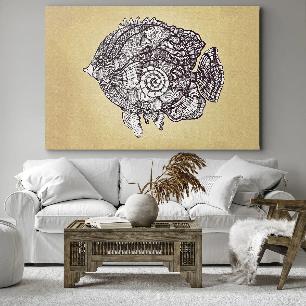 Impression sur toile - Image sur toile - Poisson décoratif dans un style de dessin avec des motifs - 100x70cm - D'un océan d'ornements - Décoration murale moderne pour le salon et la chambre ARTTOR