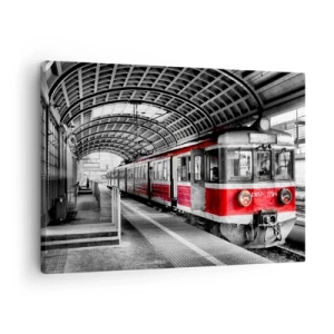 Impression sur toile - Image sur toile - Train rouge à la gare sous un toit - 70x50cm - C'est peut-être le voyage de votre vie ? - Décoration murale moderne pour le salon et la chambre ARTTOR