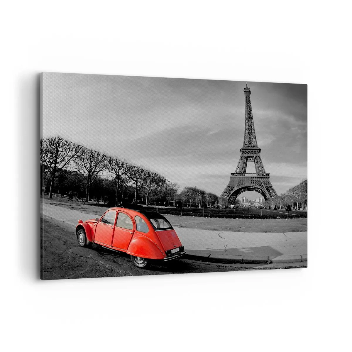 Impression sur toile - Image sur toile - Une voiture rouge avec la Tour Eiffel en arrière-plan dans un paysage en noir et blanc - 100x70cm - Plus parisien que Paris lui-même - Décoration murale moderne pour le salon et la chambre ARTTOR