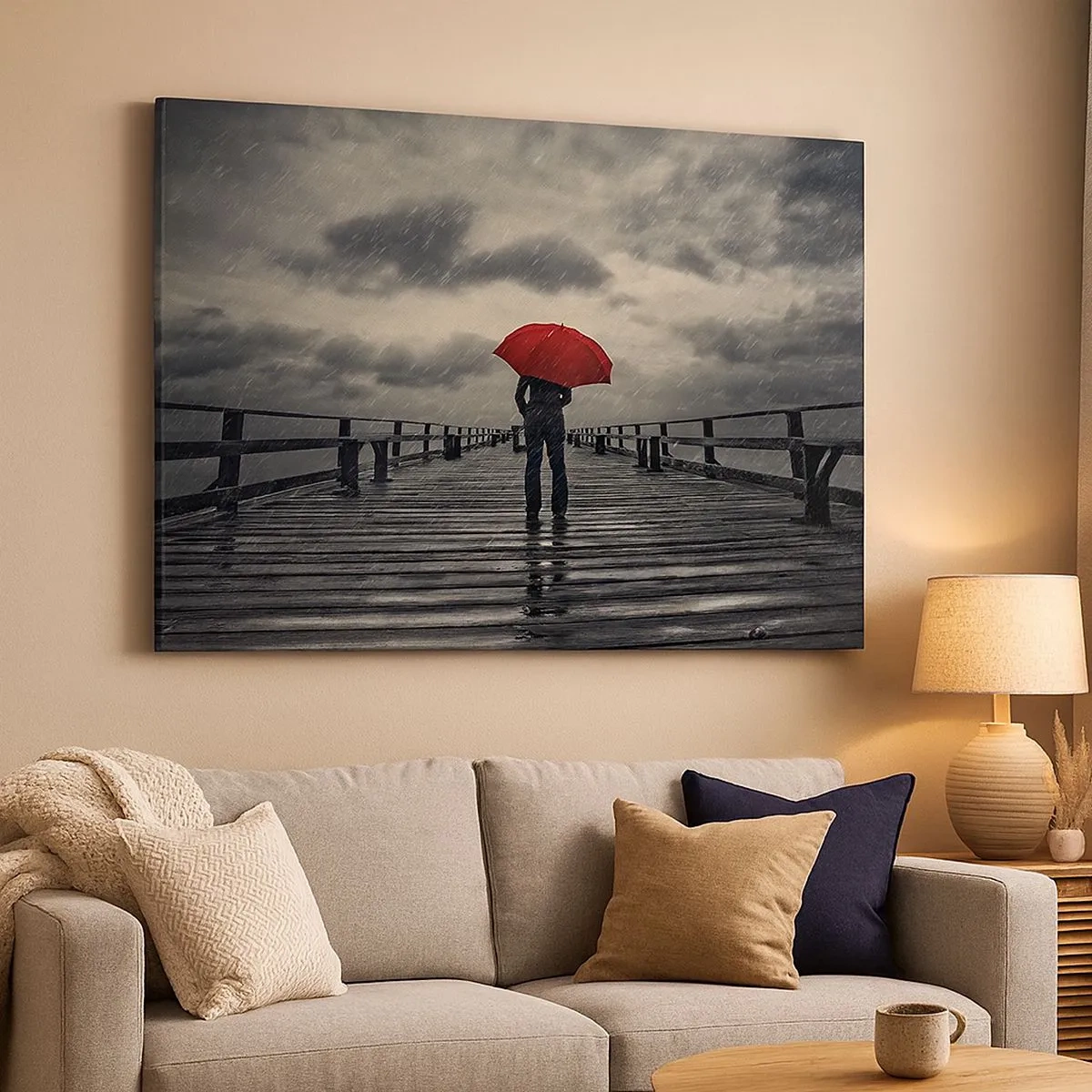 Impression sur toile - Image sur toile - Une personne avec un parapluie rouge sur une jetée pluvieuse - 70x50cm - Peu importe qu'il pleuve - Décoration murale moderne pour le salon et la chambre ARTTOR