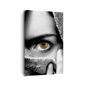 Impression sur toile - Image sur toile - Portrait d'une femme à l'oeil ambré recouvert d'un tissu aux tons gris. - 80x120cm - Apprenez le secret - Décoration murale moderne pour le salon et la chambre ARTTOR