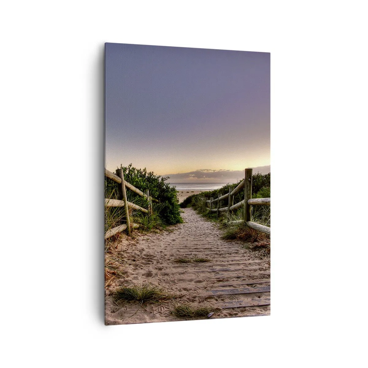 Impression sur toile - Image sur toile - Chemin en bois dans les dunes menant à la plage au coucher du soleil - 80x120cm - On voit déjà le but - Décoration murale moderne pour le salon et la chambre ARTTOR