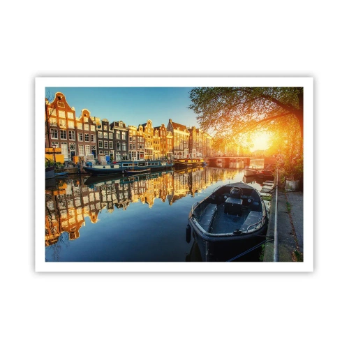 Affiche - Poster - Canal d'Amsterdam au coucher du soleil - 100x70cm - Début de journée à Amsterdam - Décoration murale moderne pour le salon et la chambre ARTTOR