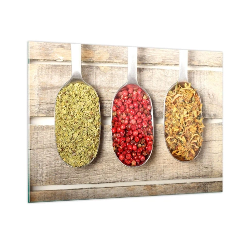 Impression sur verre - Image sur verre - Trois cuillères à épices sur un fond en bois rustique - 100x70cm - Magie de la cuisine - Décoration murale moderne pour le salon et la chambre ARTTOR