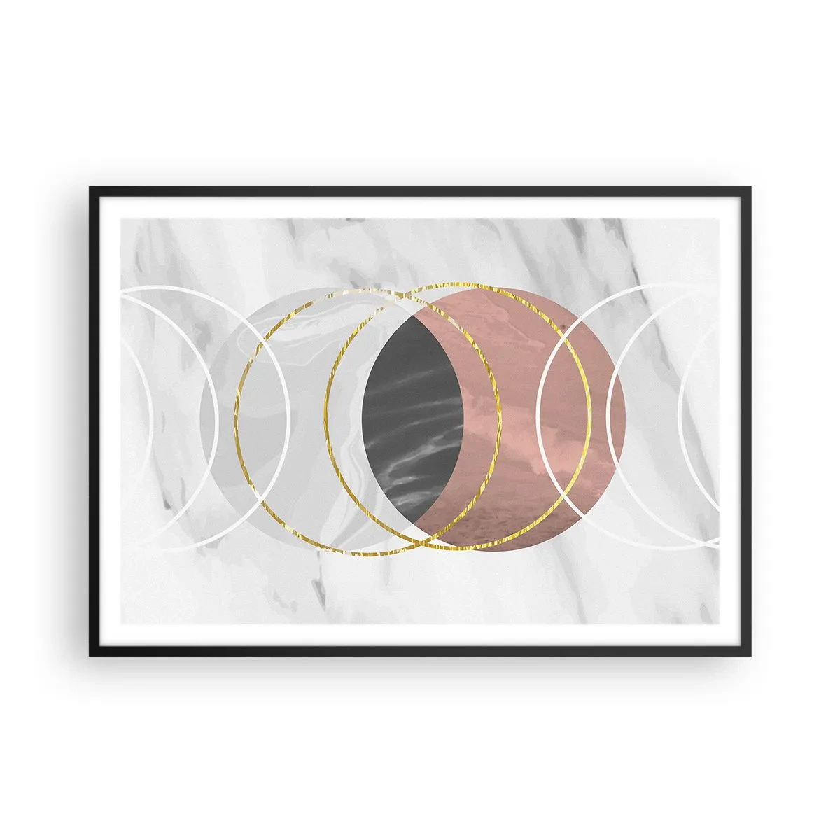 Affiche dans un cadre noir - Poster - Composition géométrique abstraite avec des cercles et des détails métalliques - 100x70cm - Musique des sphères - Décoration murale moderne pour le salon et la chambre ARTTOR