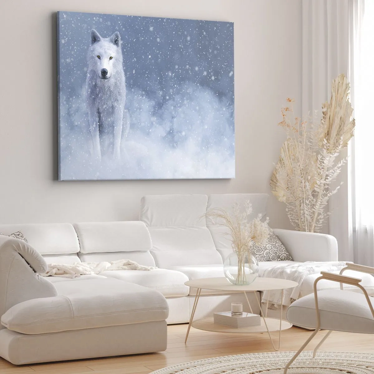 Impression sur toile - Image sur toile - Loup blanc dans un paysage enneigé - 70x50cm - Dans une âme d'hiver - Décoration murale moderne pour le salon et la chambre ARTTOR