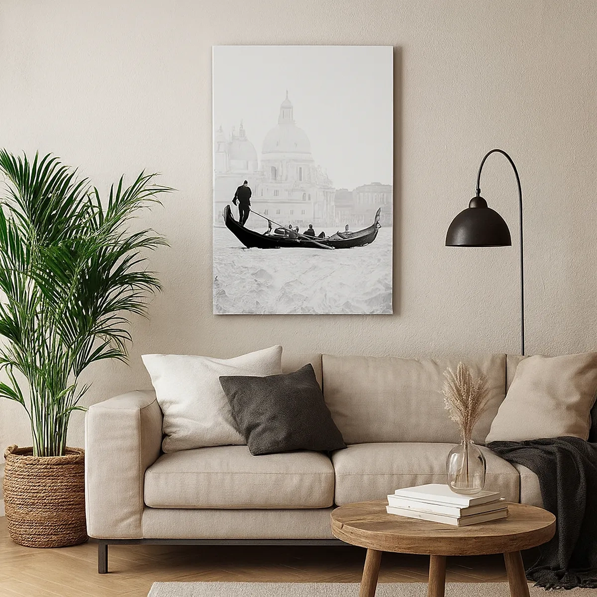 Impression sur toile - Image sur toile - Une gondole avec la basilique en arrière-plan en noir et blanc - 50x70cm - Voyage aux sources de la beauté - Décoration murale moderne pour le salon et la chambre ARTTOR