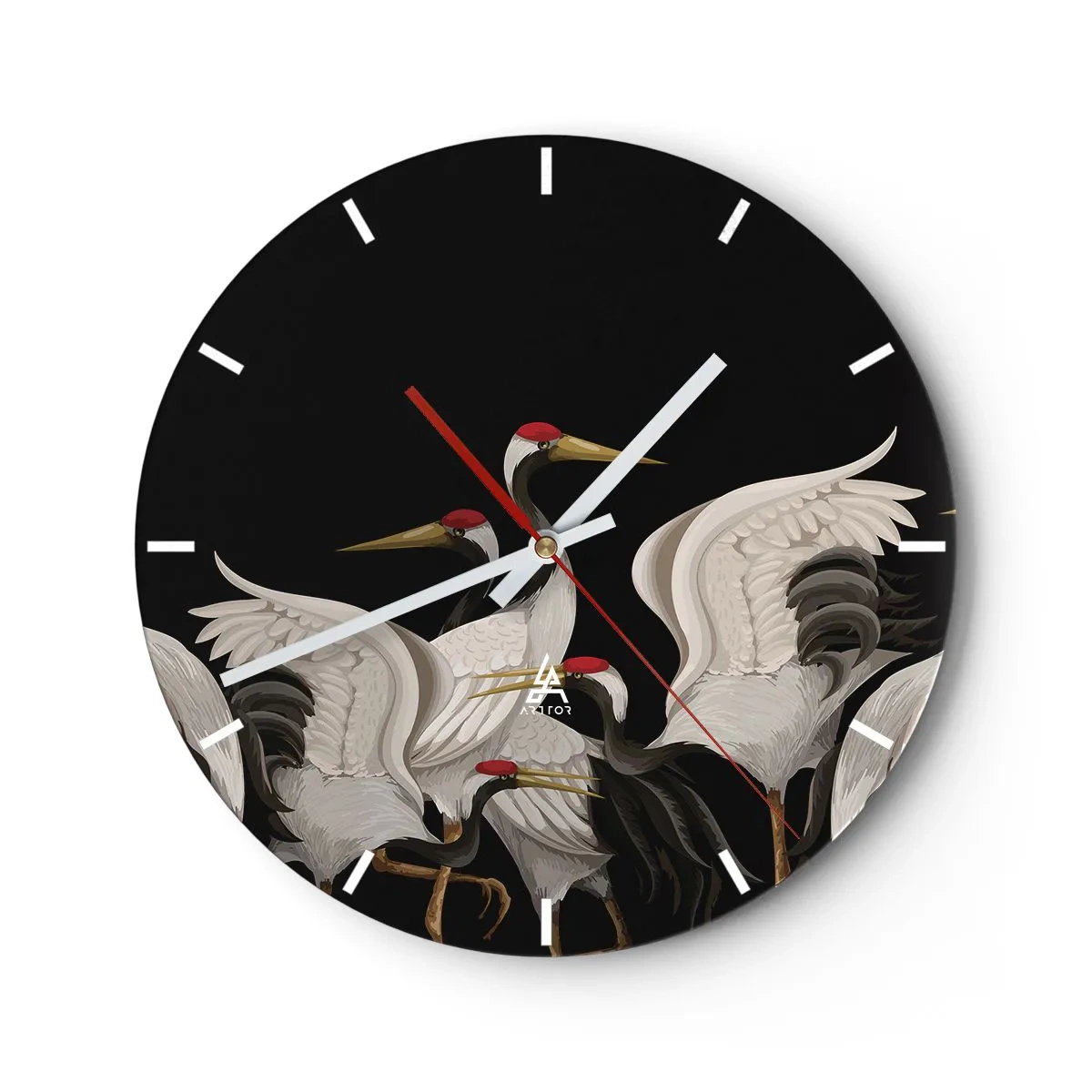 Horloge murale - Pendule murale - Un groupe de grues sur fond noir dans une illustration stylisée - 30x30cm - Histoire d'oiseaux - Décoration murale moderne pour le salon, la cuisine et la chambre ARTTOR