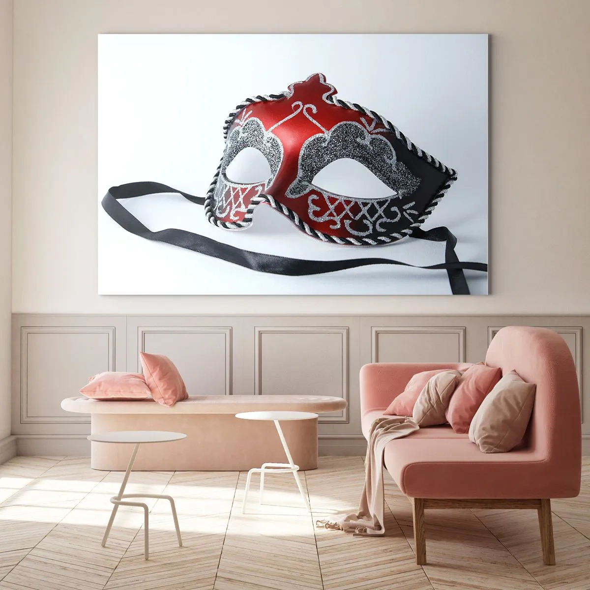 Impression sur verre - Image sur verre - Masque de carnaval en rouge et argent - 70x50cm - Invitation au bal - Décoration murale moderne pour le salon et la chambre ARTTOR