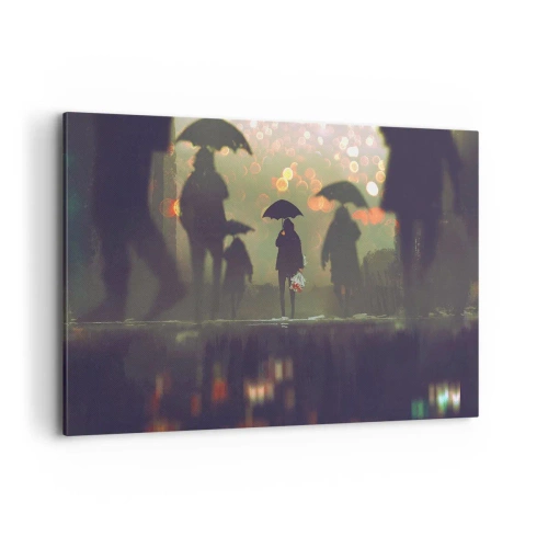 Impression sur toile - Image sur toile - Une silhouette avec un parapluie un soir pluvieux parmi les lumières de la ville - 120x80cm - Du point de vue d'une goutte de pluie - Décoration murale moderne pour le salon et la chambre ARTTOR