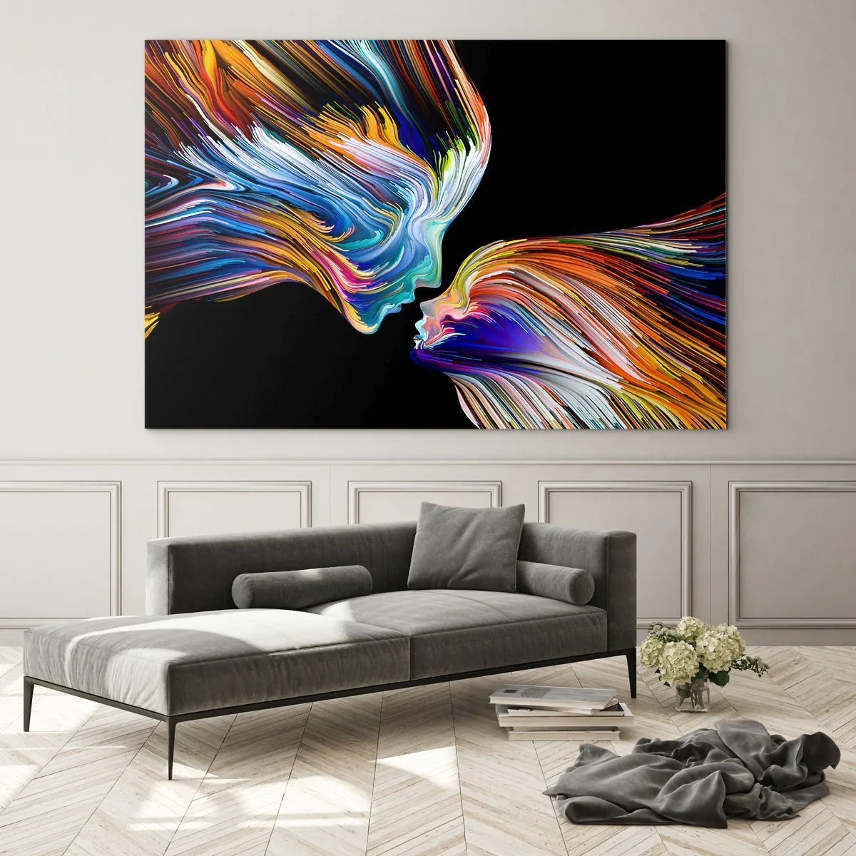 Impression sur verre - Image sur verre - Une image abstraite de deux visages avec une fusion d'énergie et de lumière. - 70x50cm - Une fusion d'énergie et de lumière - Décoration murale moderne pour le salon et la chambre ARTTOR