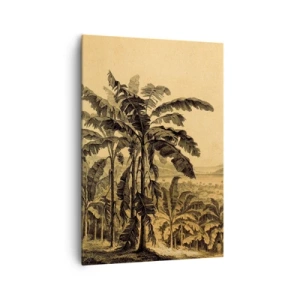 Impression sur toile - Image sur toile - Dessin de bananiers sur fond de paysage tropical - 70x100cm - Dans un climat colonial - Décoration murale moderne pour le salon et la chambre ARTTOR