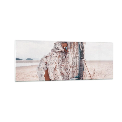 Impression sur verre - Image sur verre - Femme de style bohème avec guitare sur la plage - 140x50cm - Enfant de fleur en route - Décoration murale moderne pour le salon et la chambre ARTTOR