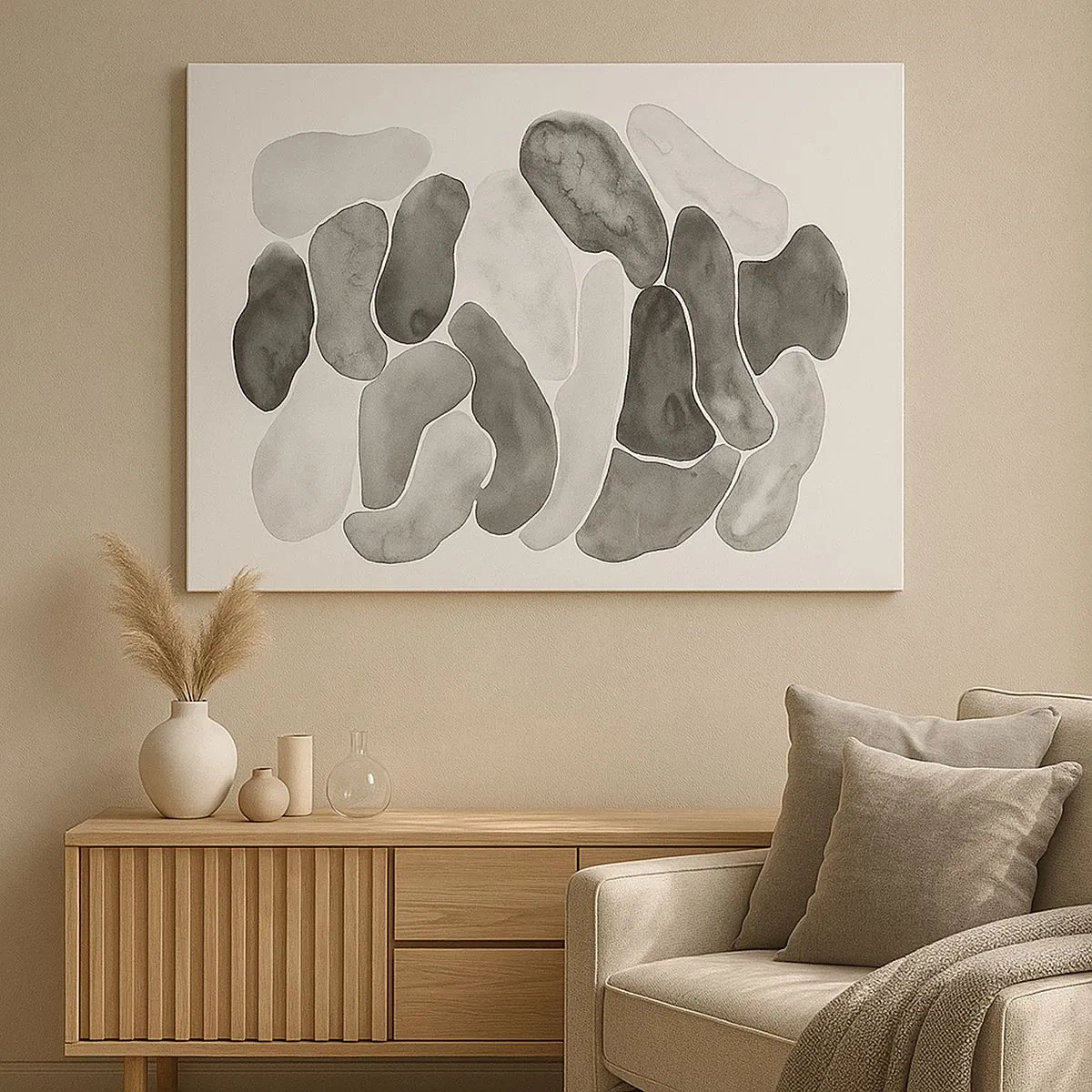 Impression sur toile - Image sur toile - Abstraction en noir et blanc avec des taches irrégulières sur fond blanc - 70x50cm - Abstraction rocheuse - Décoration murale moderne pour le salon et la chambre ARTTOR