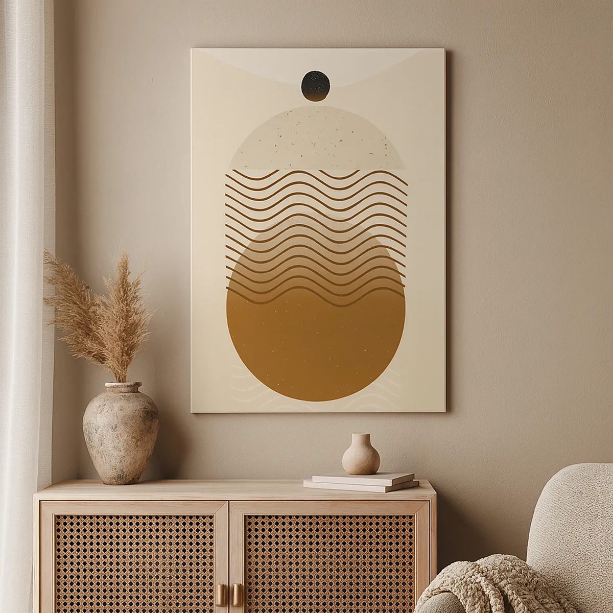 Impression sur toile - Image sur toile - Abstraction géométrique avec des cercles et des lignes ondulées aux couleurs chaudes. - 50x70cm - Sur l'origine des figures géométriques - Décoration murale moderne pour le salon et la chambre ARTTOR