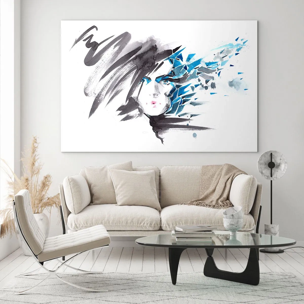 Impression sur verre - Image sur verre - Portrait d'une femme aux accents bleus abstraits - 70x50cm - Portrait sensuel en gris et bleu - Décoration murale moderne pour le salon et la chambre ARTTOR